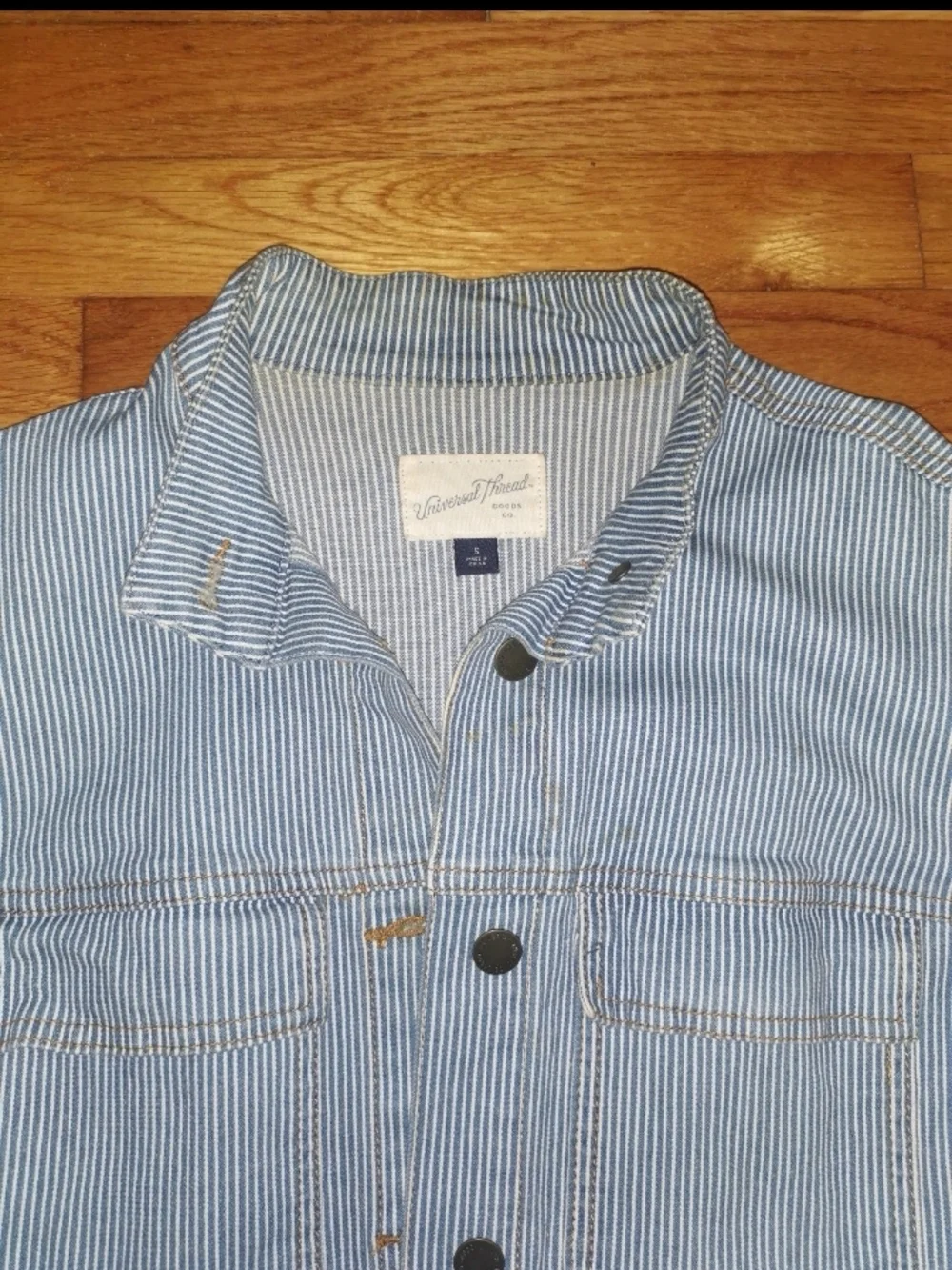 Universal Thread Striped Button-Front Cropped Jacket in Light Blue and White